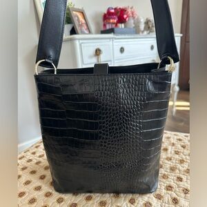 Nordstrom Black Leather Crocodile-Embossed Bucket Bag